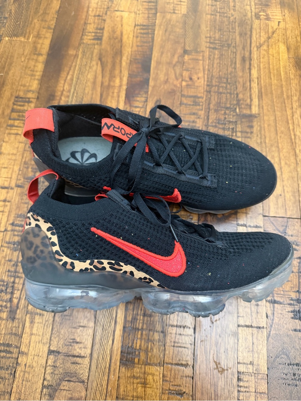Women’s Nike Black Flyknit VaporMax Sneakers with Red Swoosh & Leopard Heel